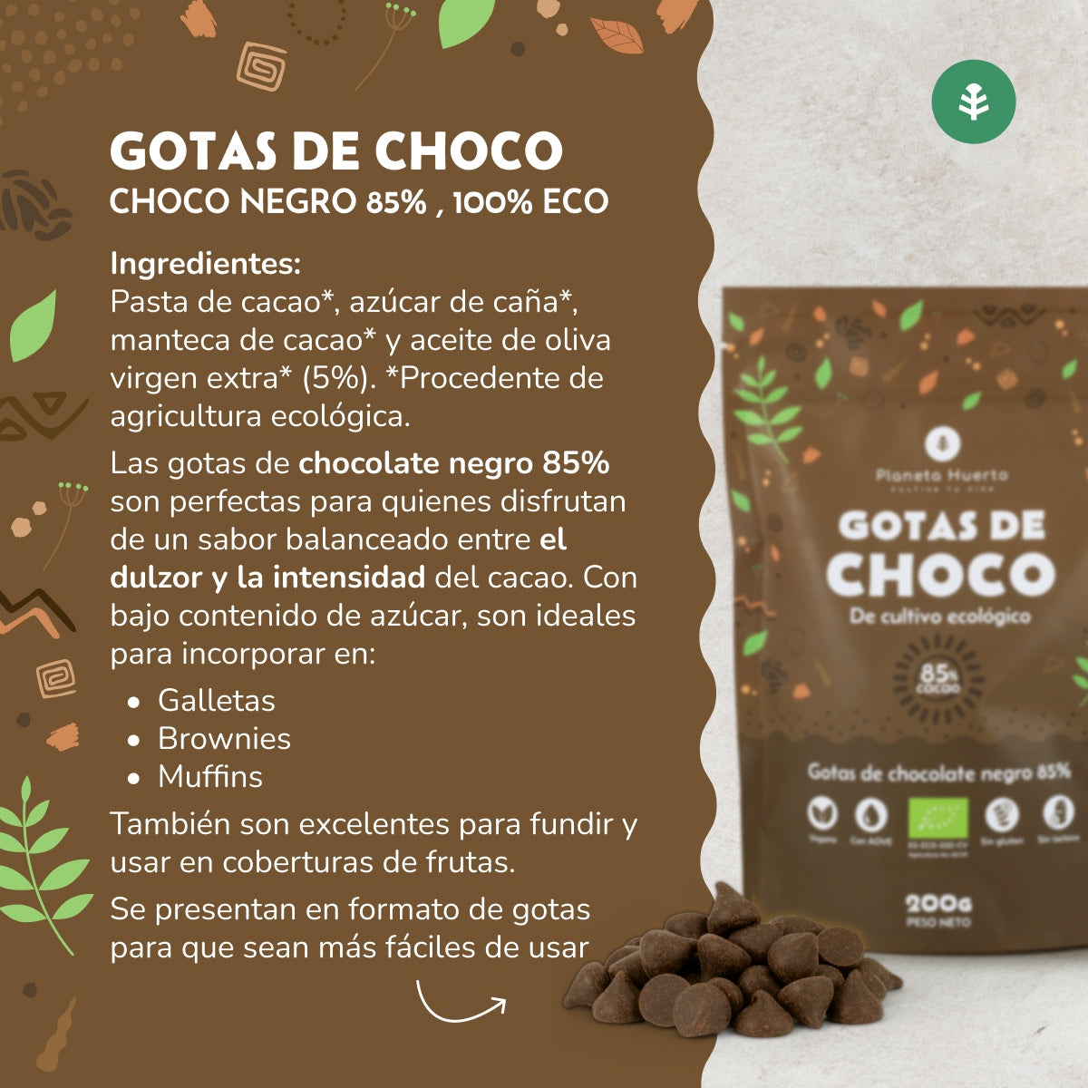 Chocoladedruppels 85% cacao ECO Planeta Huerto 200 g