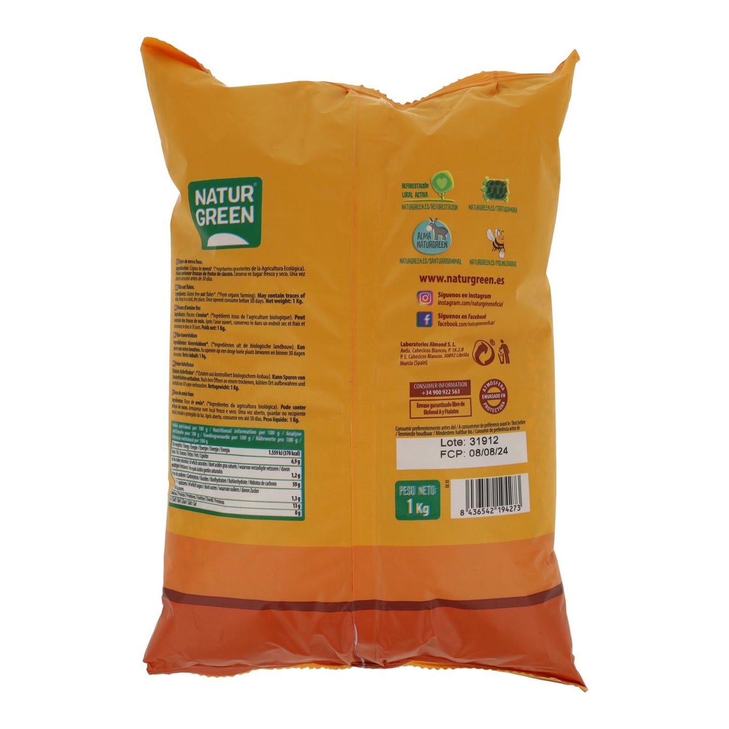Fiocchi d'avena fini senza glutine biologici NaturGreen, 1 kg