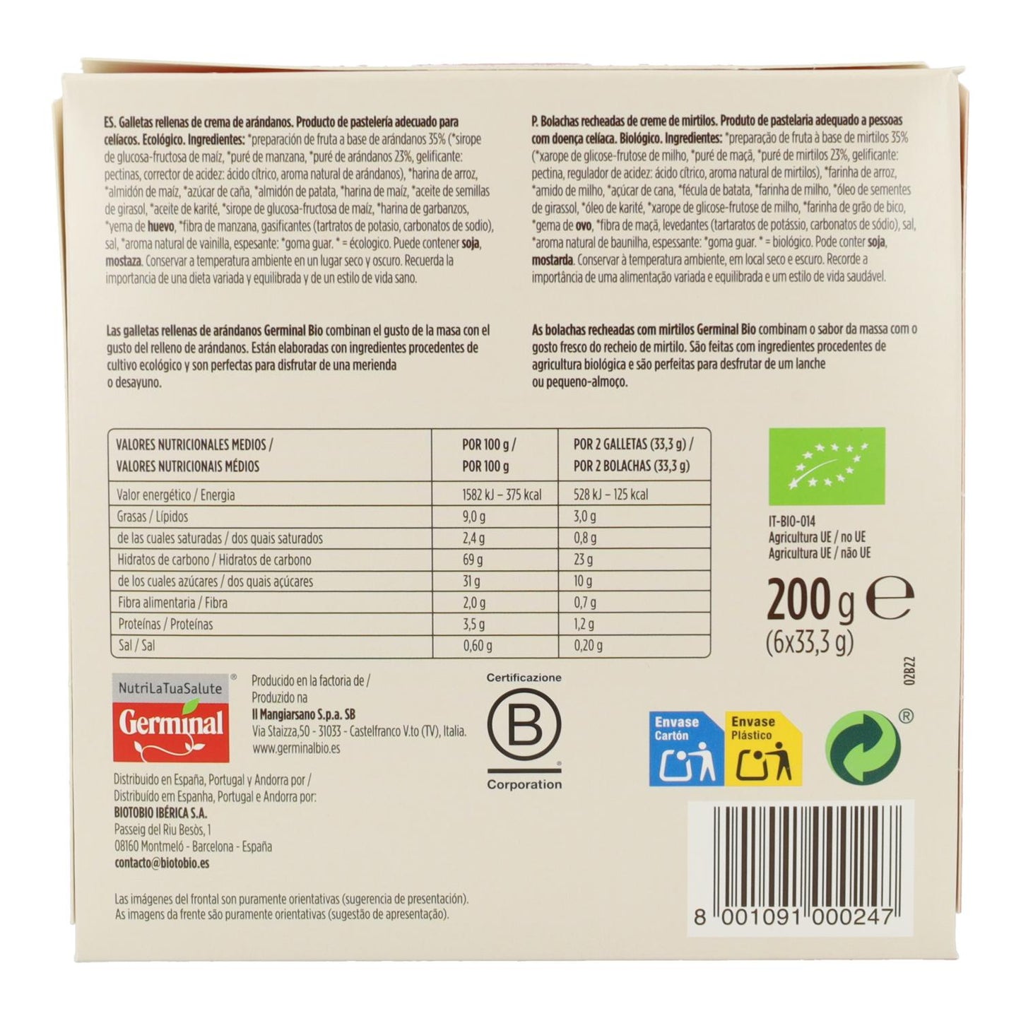 Glutenvrije koekjes gevuld met bosbessenroom Germinal, 200 g