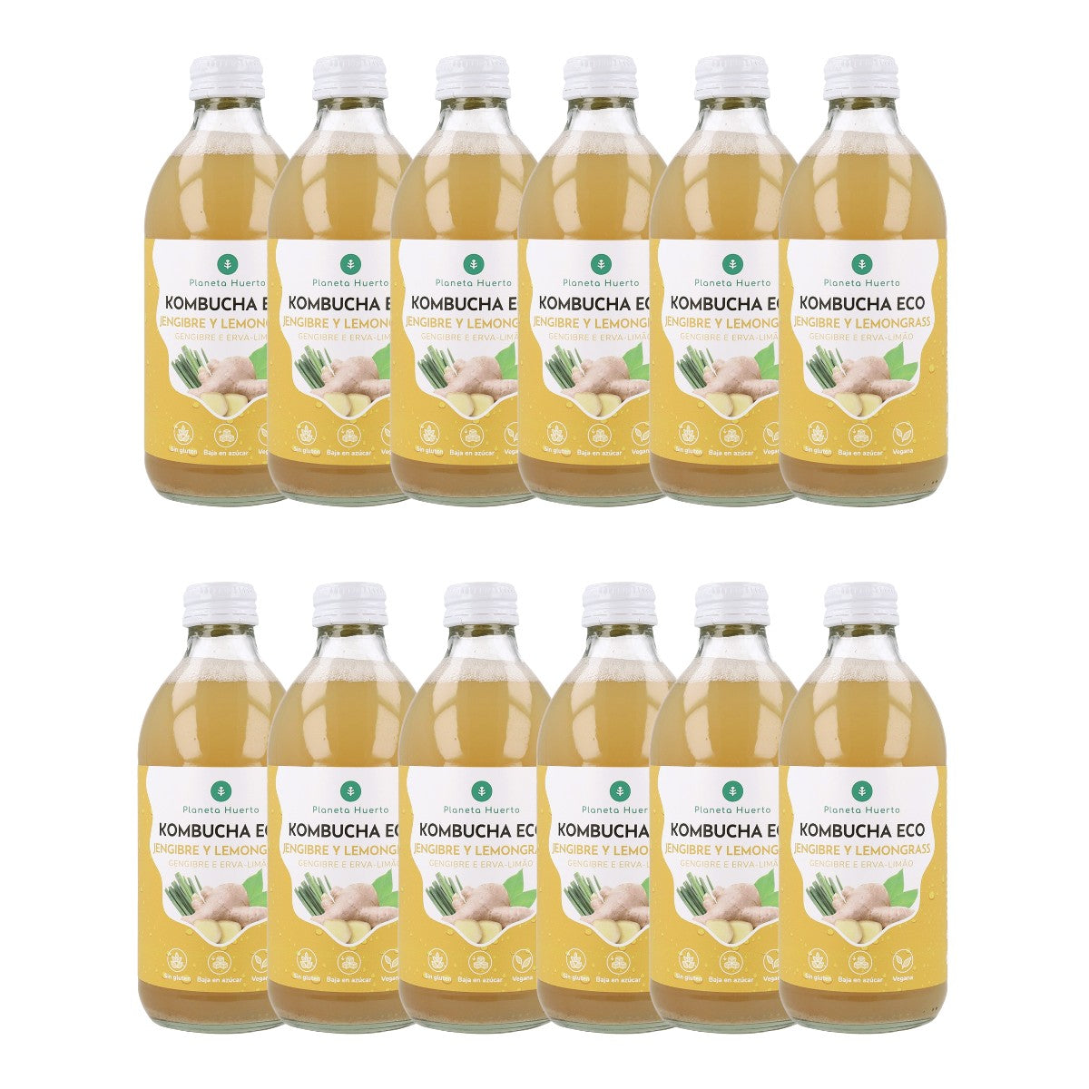 Pack 12x Kombucha ECO Jengibre y lemongrass Planeta Huerto 330 ml