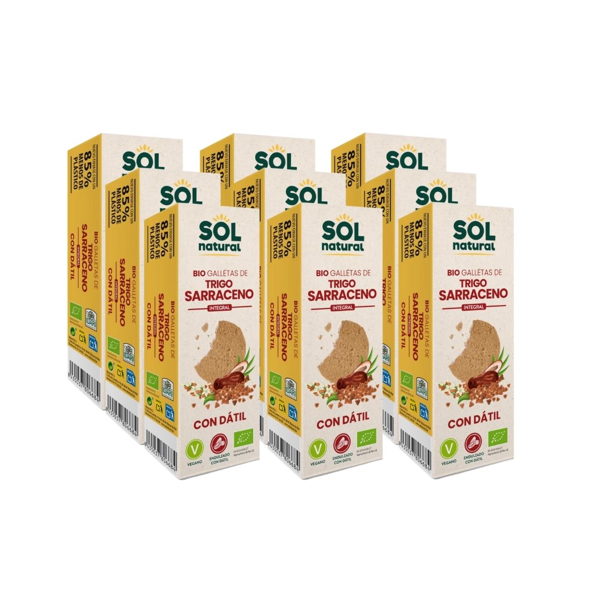 Opakowanie 9x Ciastka z pełnoziarnistej kaszy gryczanej słodzone daktylami bio Sol Natural 170 g