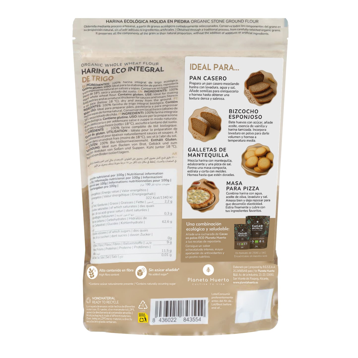 Harina Integral de Trigo Eco Planeta Huerto 800 g