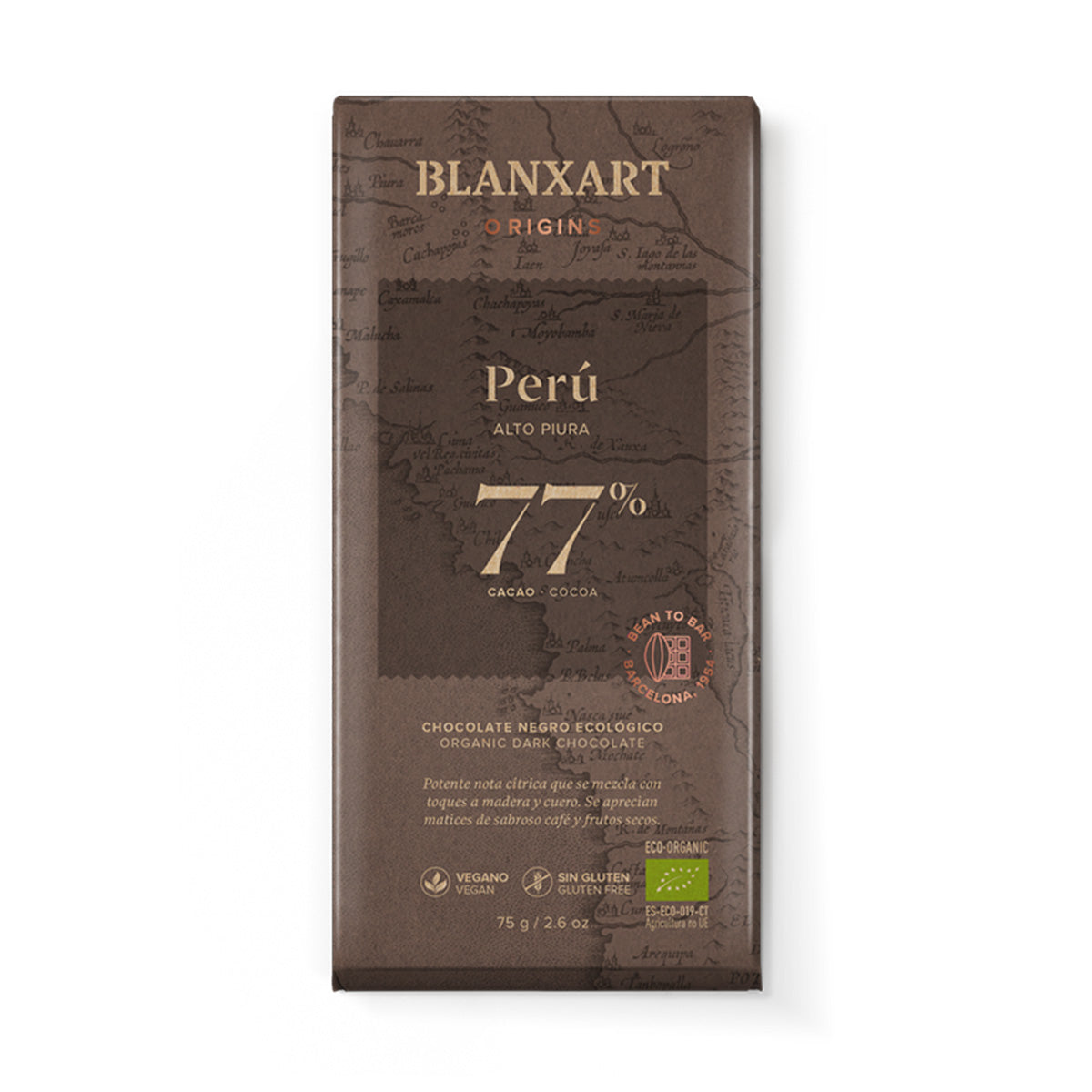 Schwarze Schokolade 77 % Peru, vegan, glutenfrei, Blanxart, 75 g